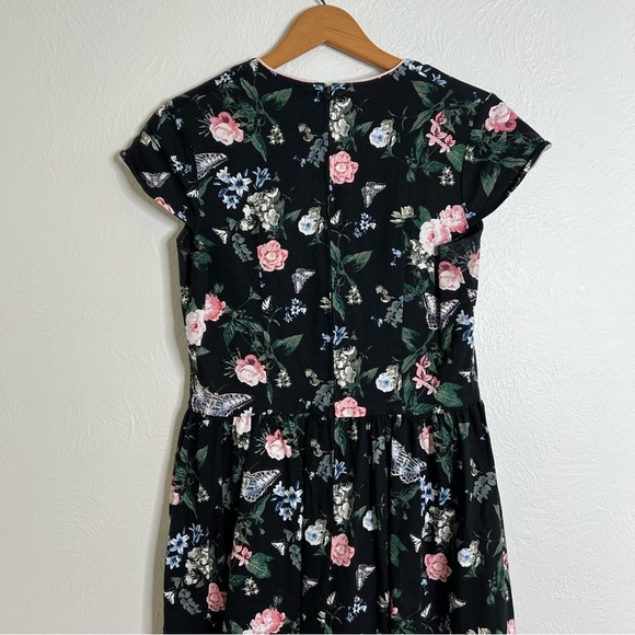 Lindy Bop Pin-Up Style Dress Black Pink Floral Cap Sleeve Surplice Neck Size L - Picture 7 of 11